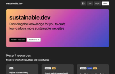 the-sustainable.dev homepage in dark mode